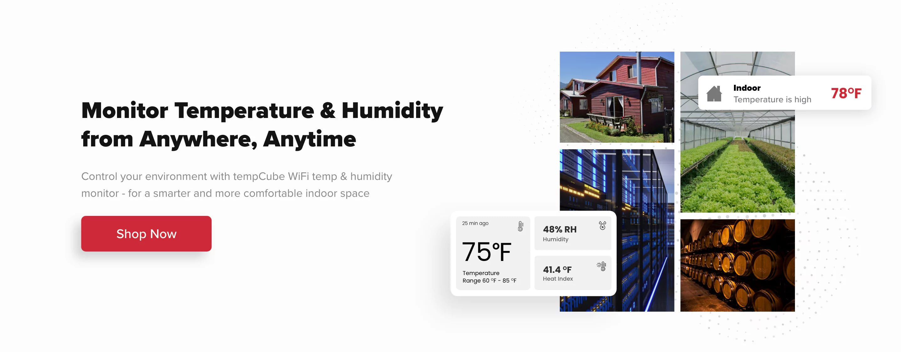 tempCube Wi-Fi temperature and humidity sensor – monitor anytime, anywhere. Ideal for server rooms, wine cellars, greenhouses, and homes.