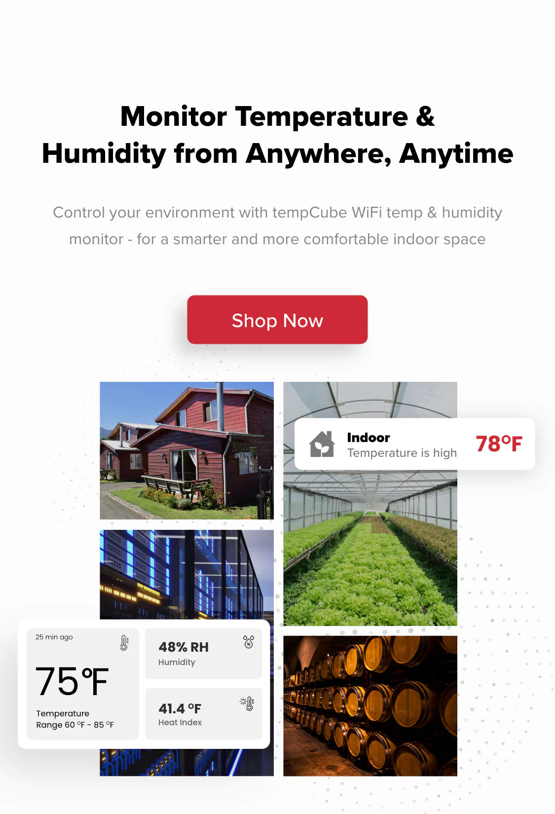 tempCube Wi-Fi temperature and humidity sensor – monitor anytime, anywhere. Ideal for server rooms, wine cellars, greenhouses, and homes.